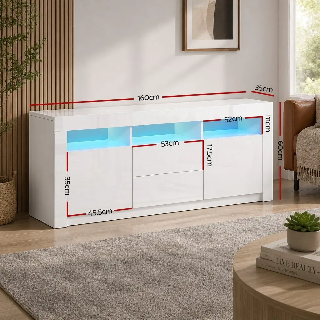 Entertainment Unit TV Cabinet 160cm LED Lighting White Living Room Storage