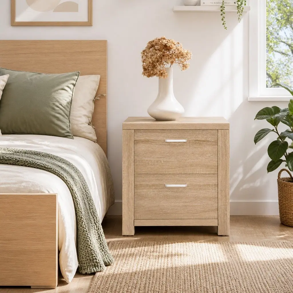 Bedside Table Natural Wood 2 Drawers 48cm x 39cm x 53cm Pine