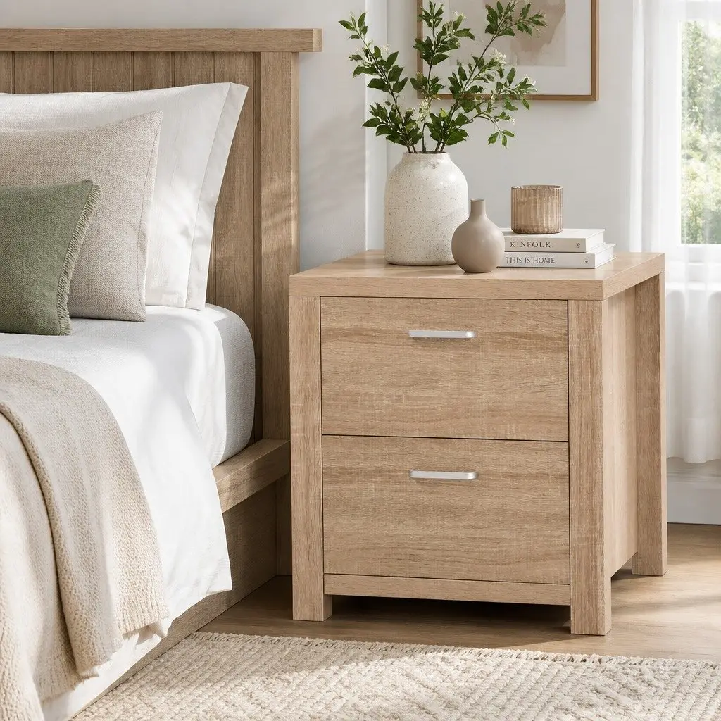 Bedside Table Natural Wood 2 Drawers 48cm x 39cm x 53cm Pine