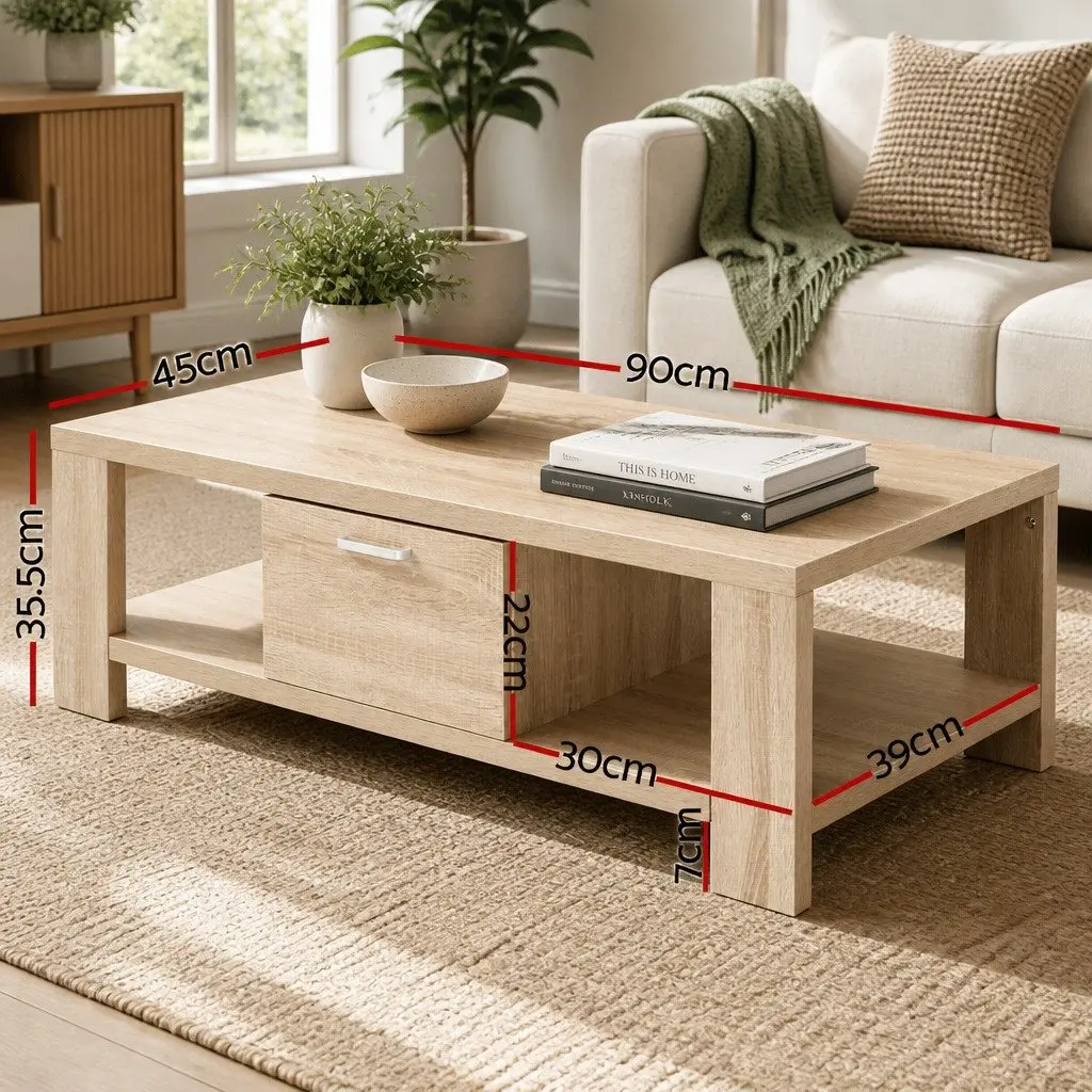 Coffee Table Contemporary Oak 90cm with Drawer Open Shelves