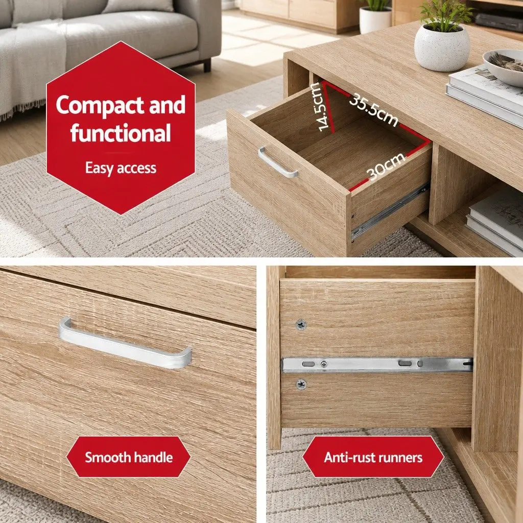 Coffee Table Contemporary Oak 90cm with Drawer Open Shelves