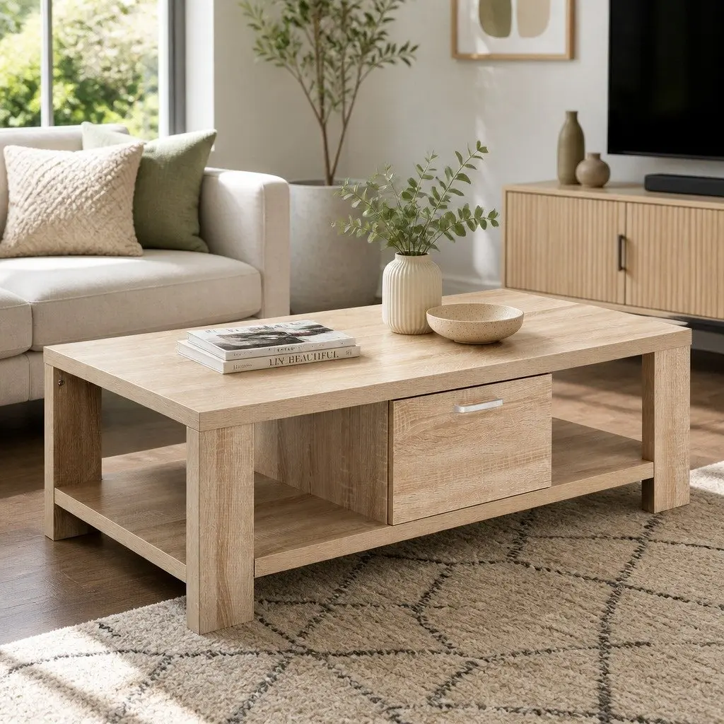Coffee Table Contemporary Oak 90cm with Drawer Open Shelves