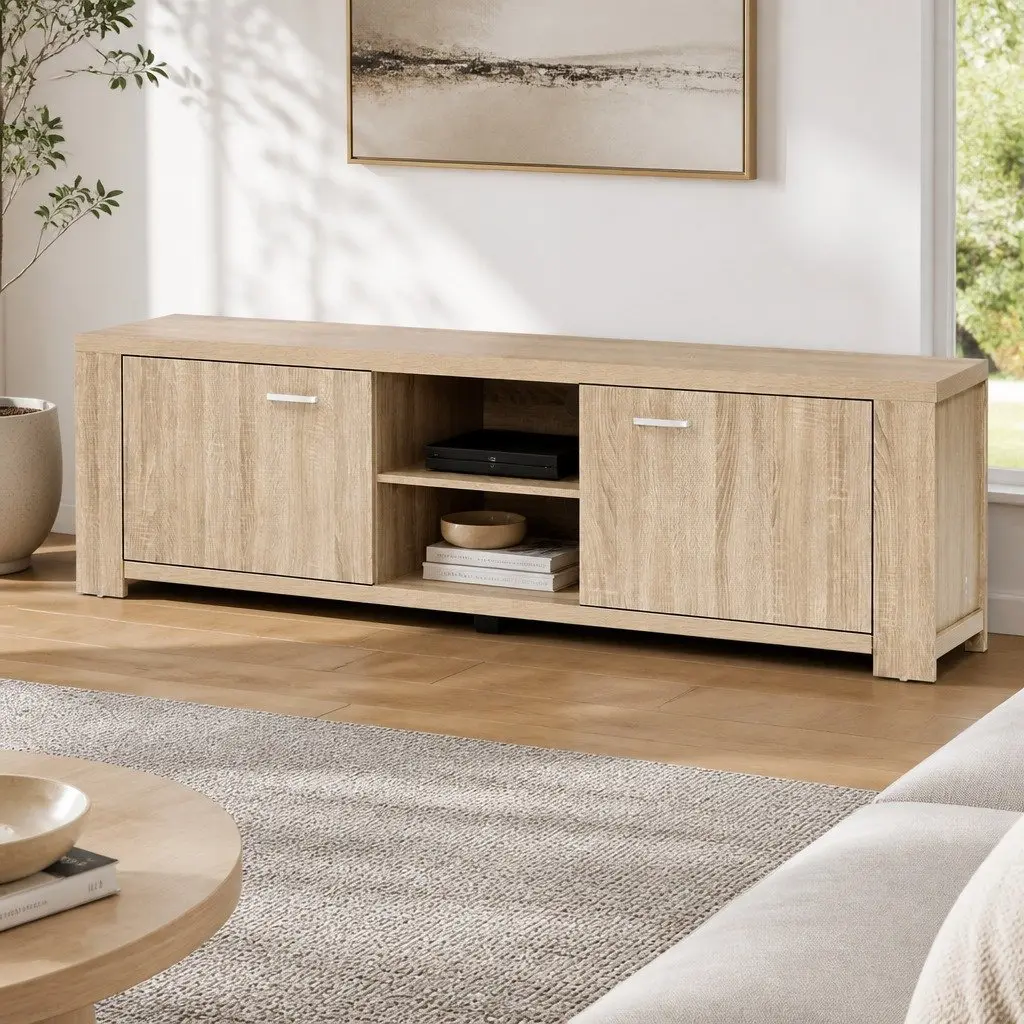 TV Unit Contemporary Oak Wood Storage Cabinet 160cm with Open Shelves