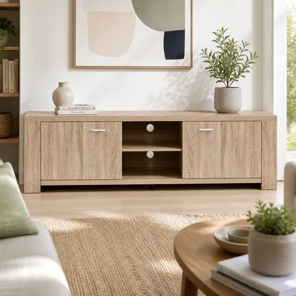 TV Unit Contemporary Oak Wood Storage Cabinet 160cm with Open Shelves