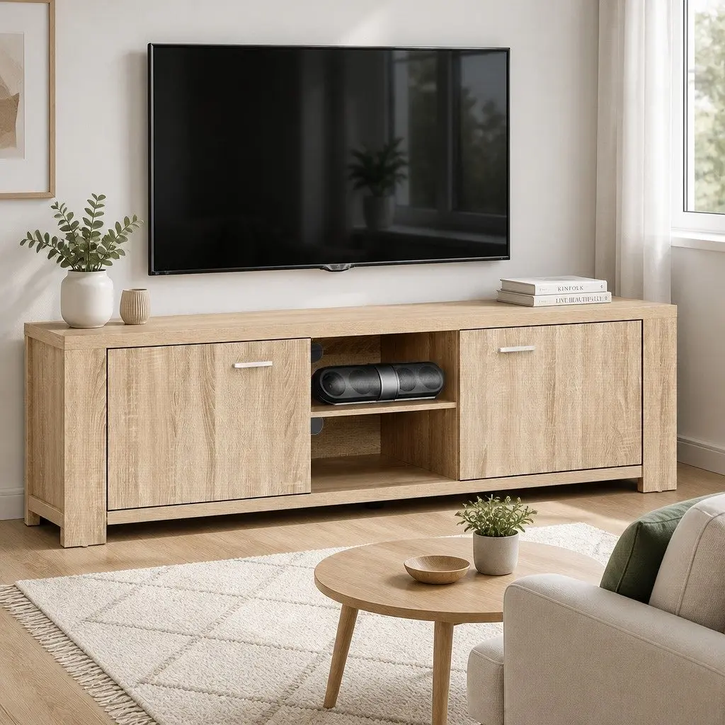 TV Unit Contemporary Oak Wood Storage Cabinet 160cm with Open Shelves