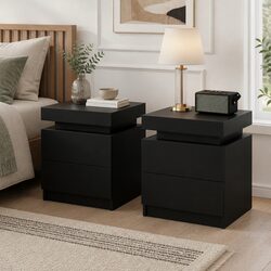 Sleek Black Bedside Table with Lift-Up Storage
