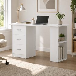 White Computer Desk with Drawers and Shelves, 120cm