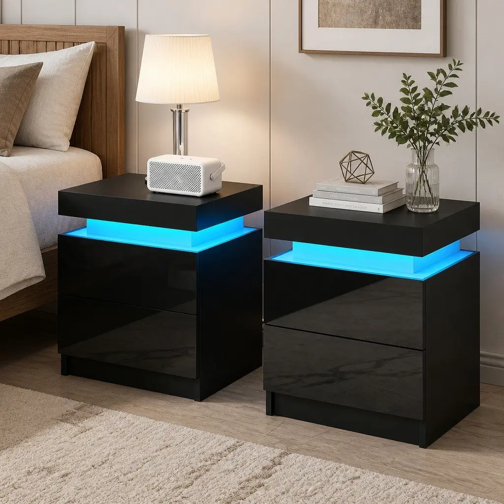 LED Bedside Table with Lift-up Storage and Drawers