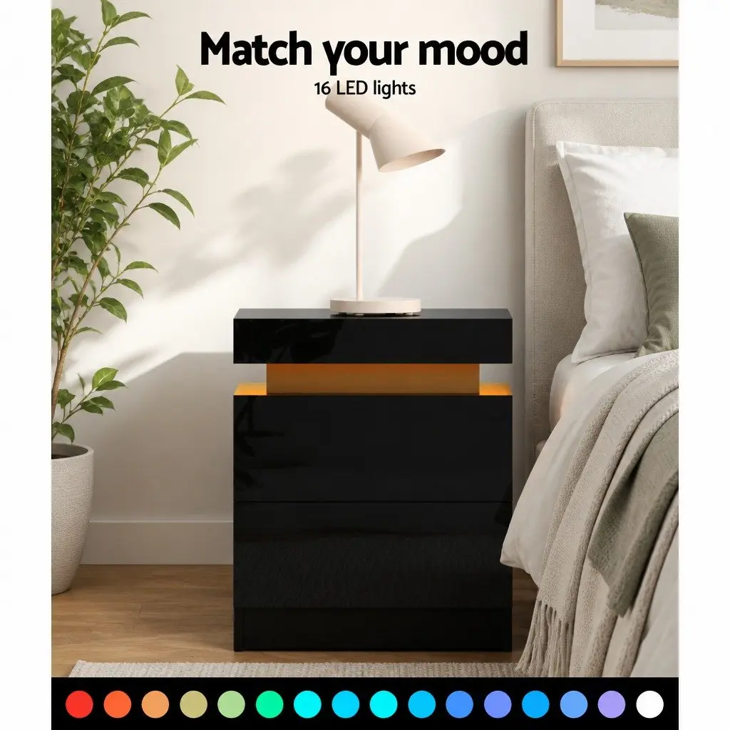 LED Lighting Bedside Table with Lift-up Storage and Drawers
