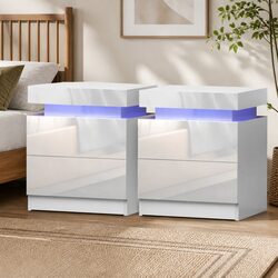 LED-Enhanced White Bedside Table with Practical Storage