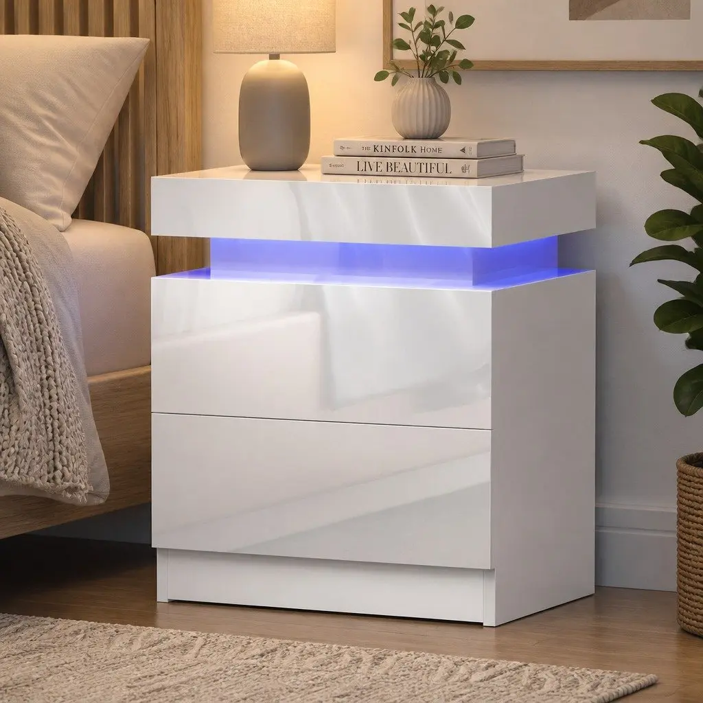 Nightstand White Bedside Table with LED Lift-up Storage and 2 Drawers for Bedroom Convenience