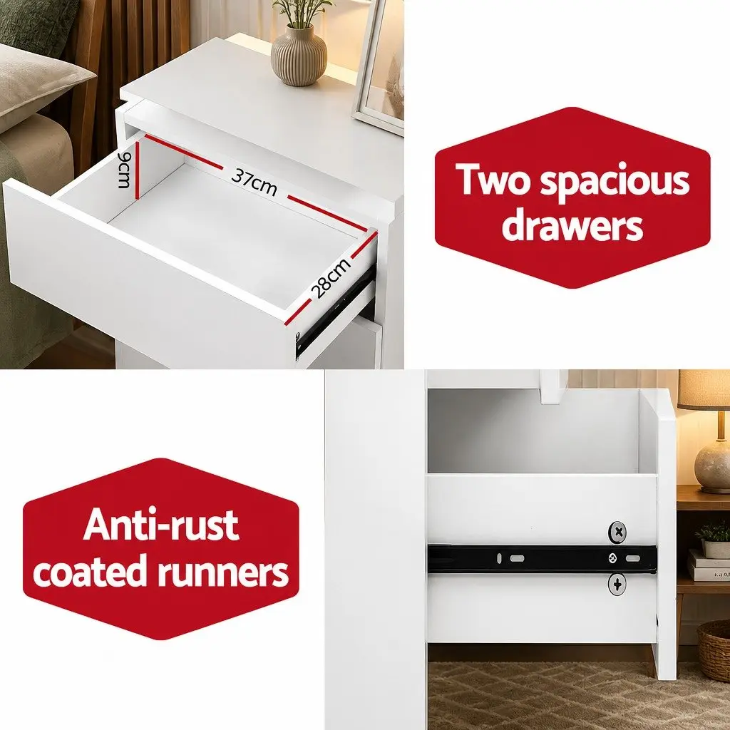 Nightstand White Bedside Table with LED Lift-up Storage and 2 Drawers for Bedroom Convenience