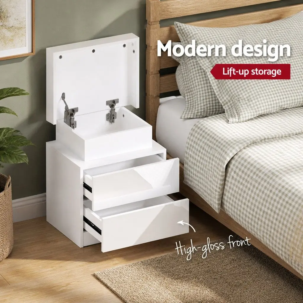 Nightstand White Bedside Table with LED Lift-up Storage and 2 Drawers for Bedroom Convenience