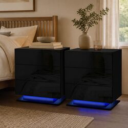 Black Bedside Table with LED Lighting and Storage Drawers