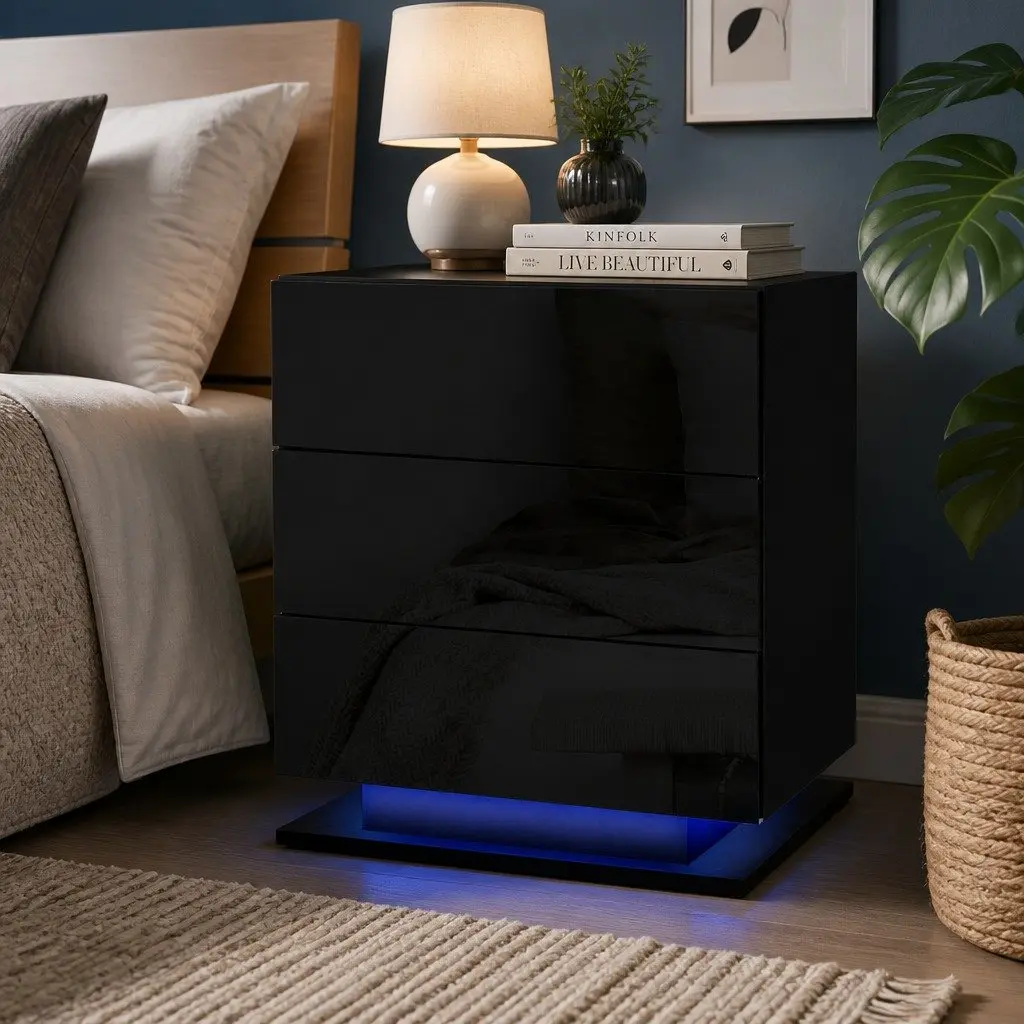 Bedside Table LED 3 Drawers Modern Black Bedroom Nightstand Built-in Light