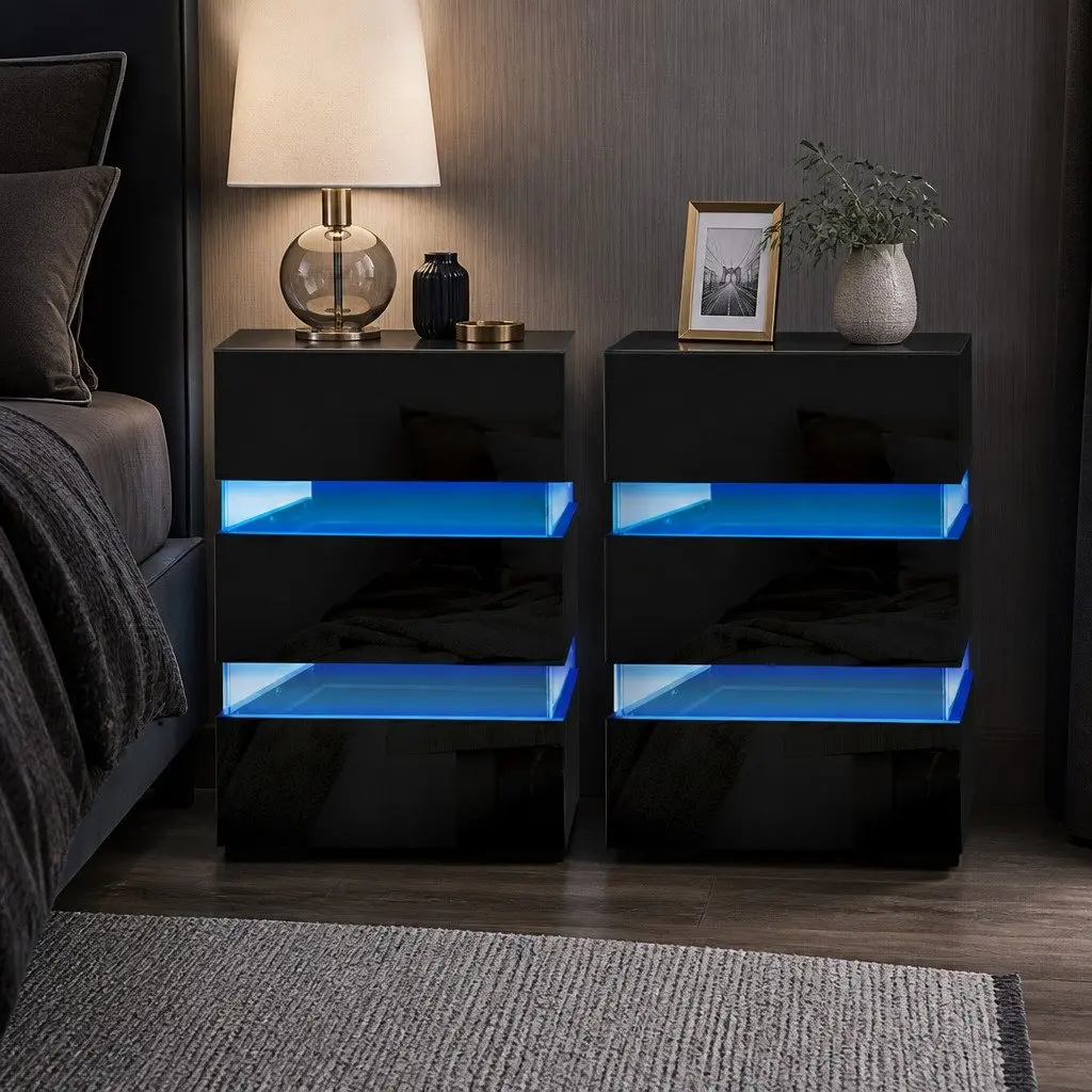 Bedside Table with LED Light Modern 3 Drawers Black