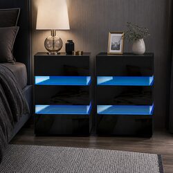 Black Bedside Table with 3 Drawers and LED Lighting