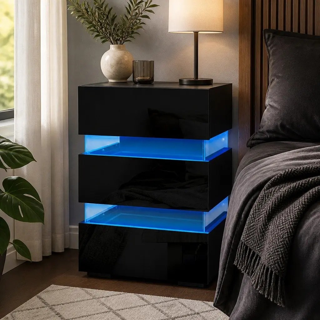 Bedside Table with LED Light Modern 3 Drawers Black