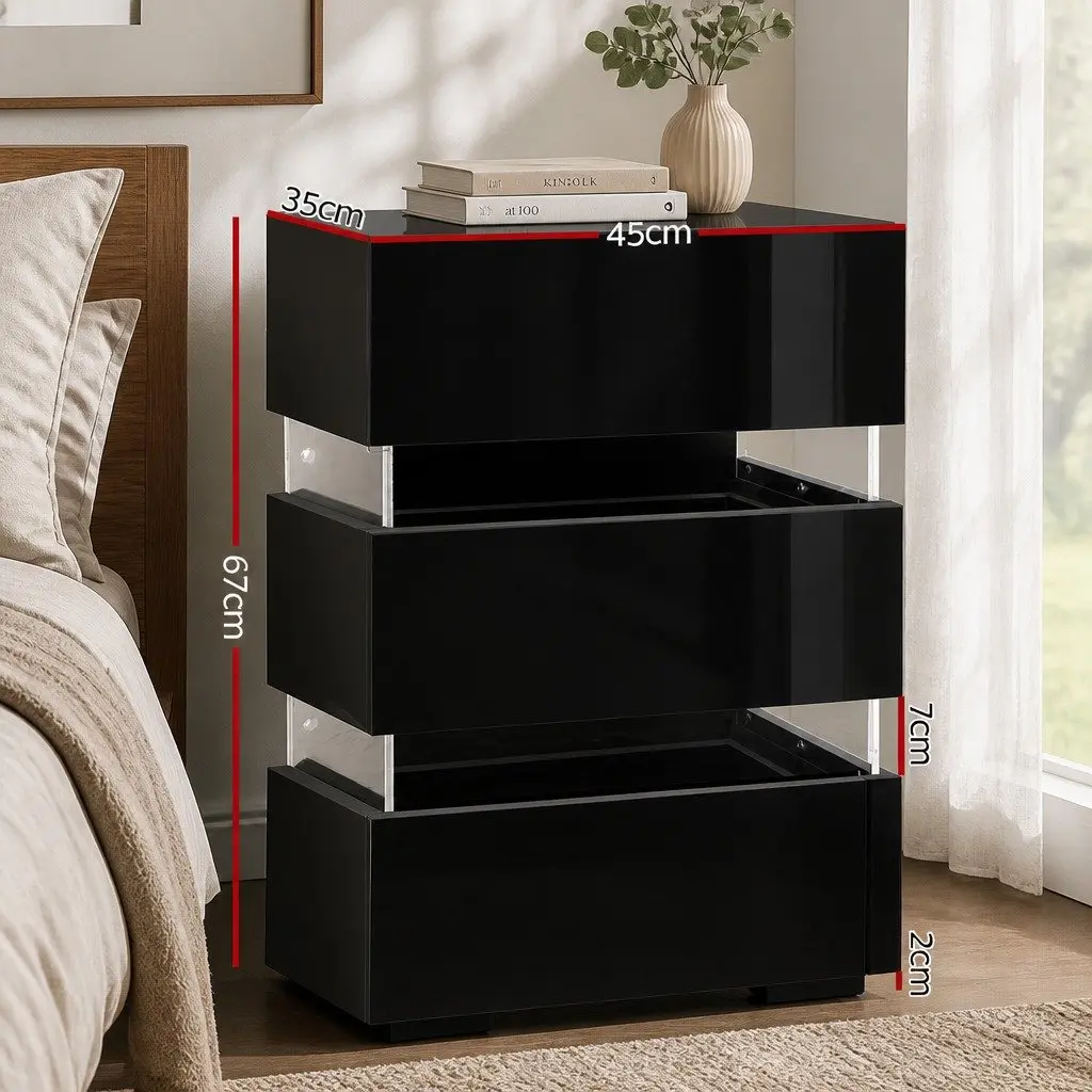 Bedside Table with LED Light Modern 3 Drawers Black