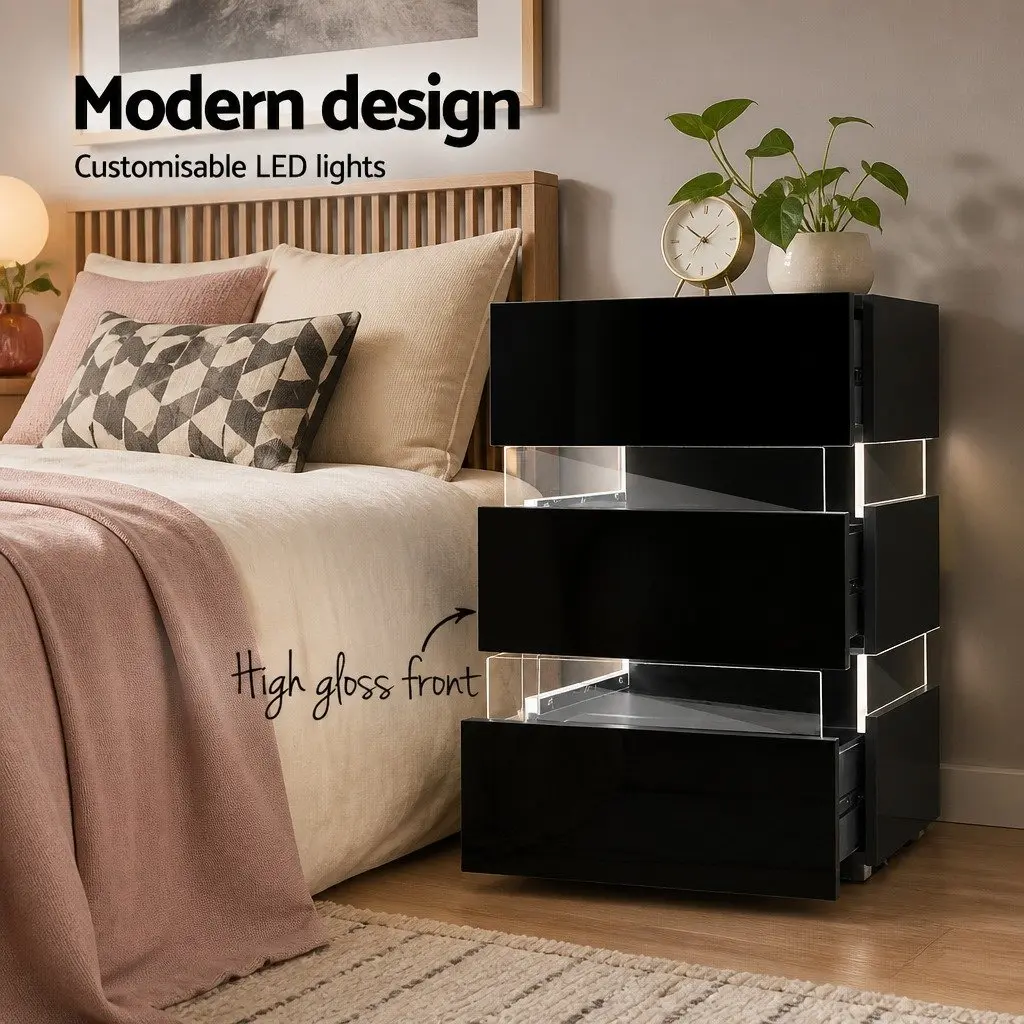 Bedside Table with LED Light Modern 3 Drawers Black
