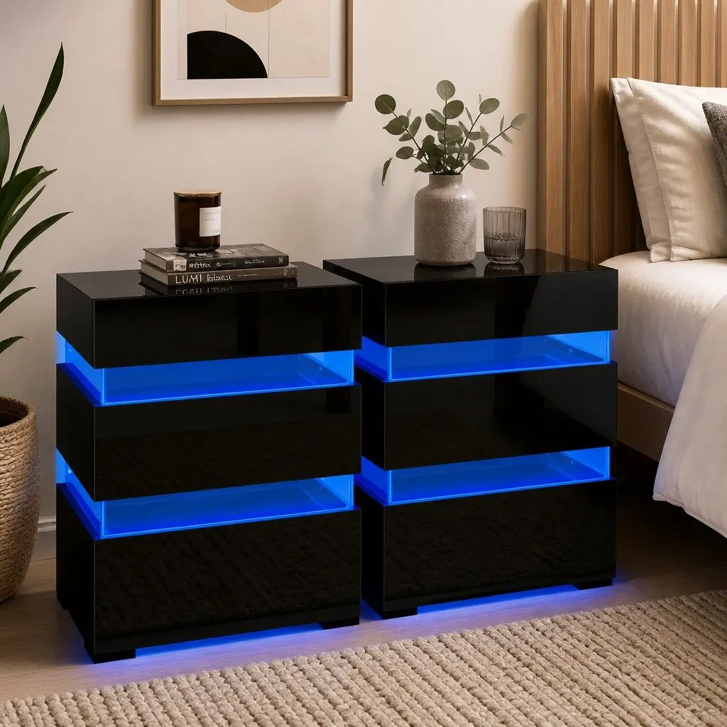 Bedside Table with LED Light Modern 3 Drawers Black