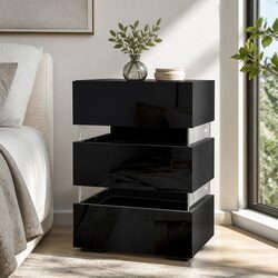 Black Bedside Table with LED Light and Three Drawers