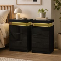 Black Bedside Table with LED Lights and Three Drawers