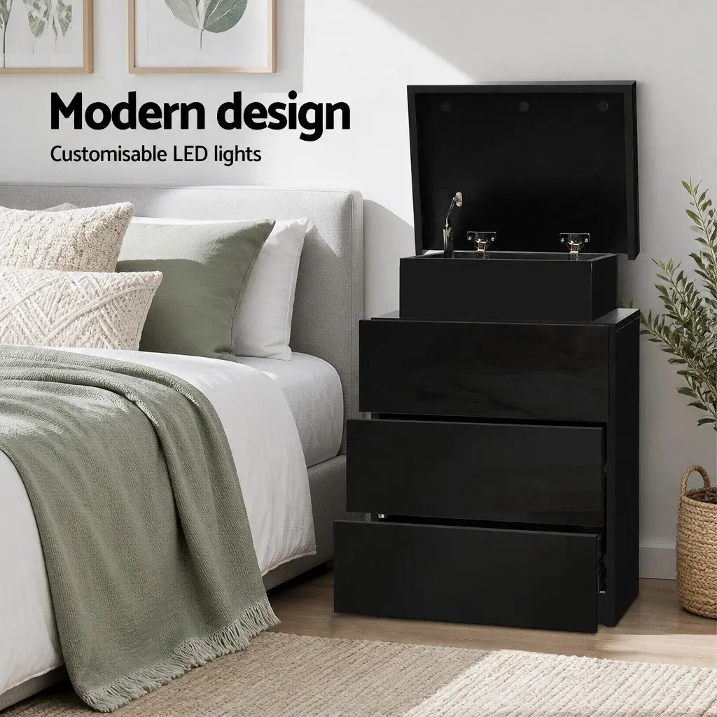 Bedside Table with LED Lighting Modern 3 Drawers Storage Compartment Black