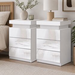 White Bedside Table with Three Drawers and LED Light