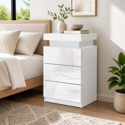 LED Lighting Bedside Table with 3 Drawers - White