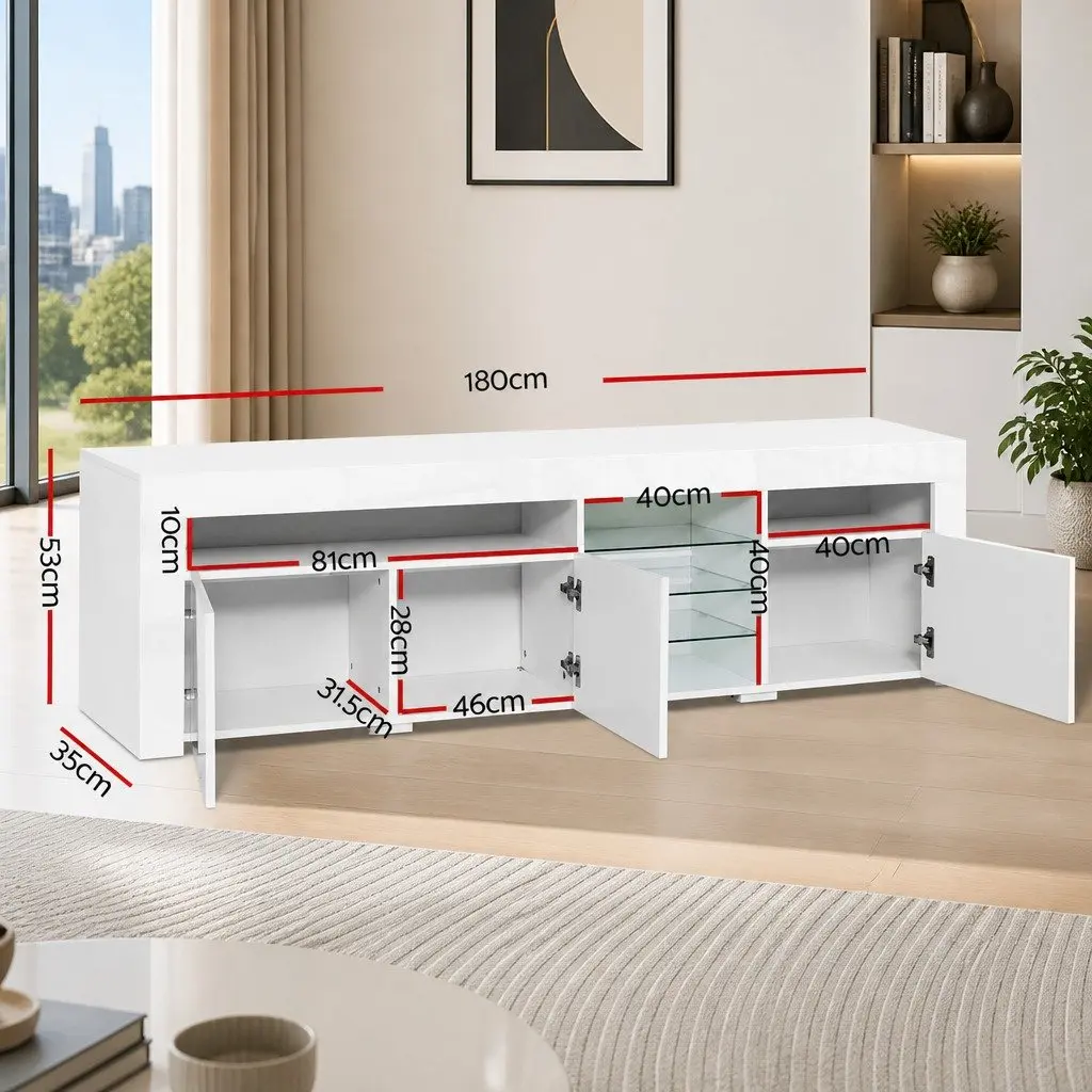 LED TV Unit Entertainment Cabinet Modern White 180cm with Push to Open Mechanism and Open Shelves
