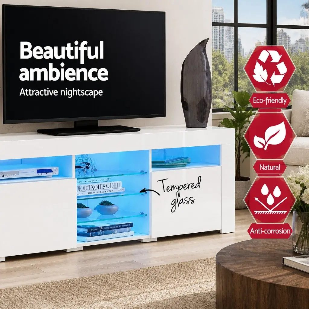 LED TV Unit Entertainment Cabinet Modern White 180cm with Push to Open Mechanism and Open Shelves
