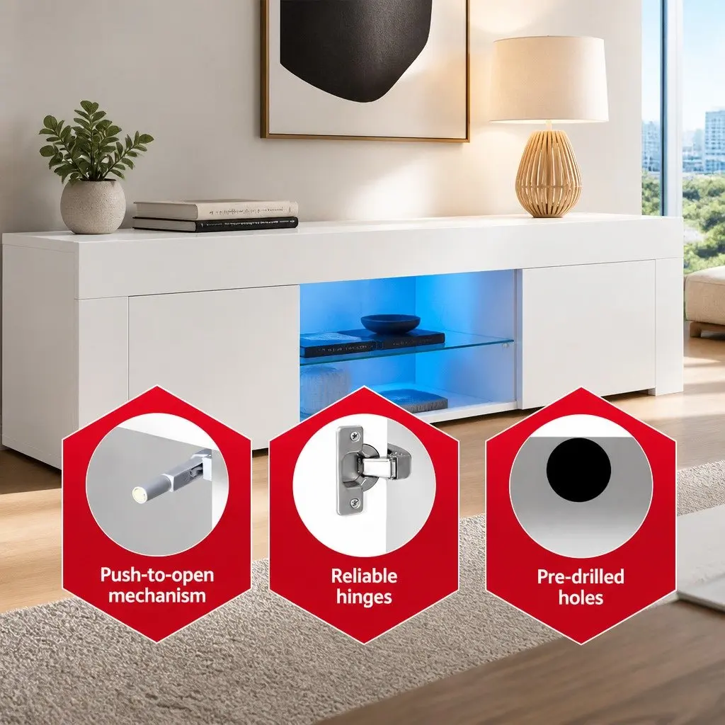 LED TV Unit Entertainment Cabinet Modern White 180cm with Push to Open Mechanism and Open Shelves