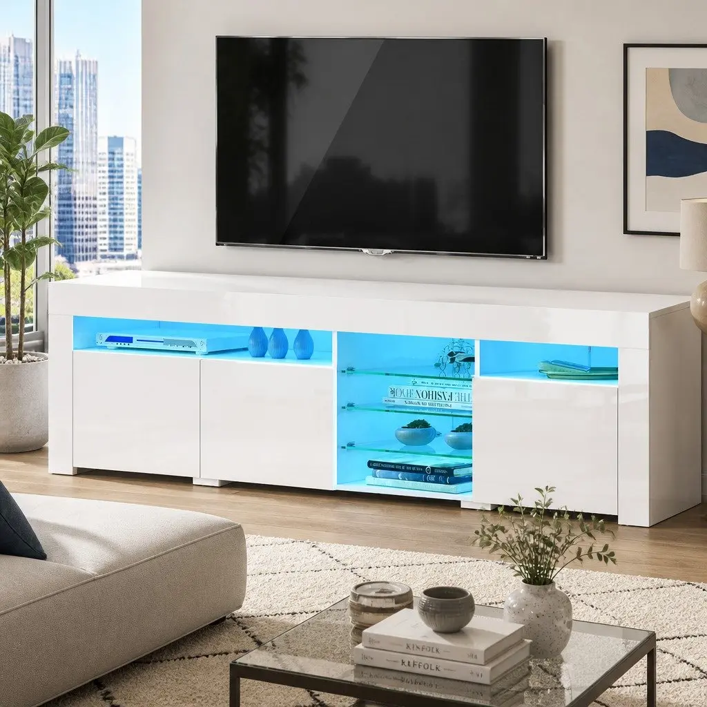 LED TV Unit Entertainment Cabinet Modern White 180cm with Push to Open Mechanism and Open Shelves