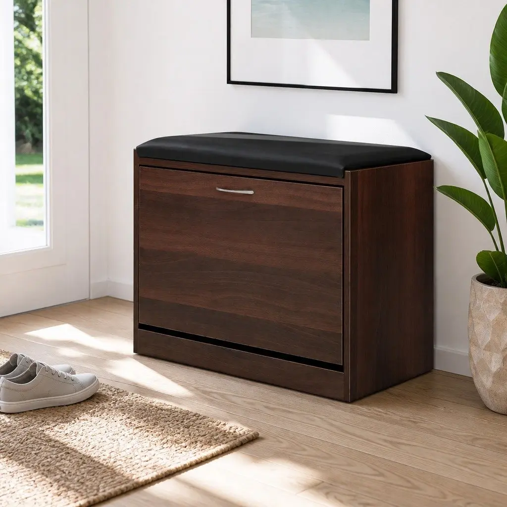 Shoe Rack Cabinet Bench Walnut 15 Pairs Storage Organiser Hallway Furniture