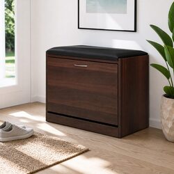 15-Pair Walnut Shoe Storage Bench with Adjustable Shelves