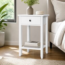 White Bedside Table with 1 Drawer and Bottom Shelf