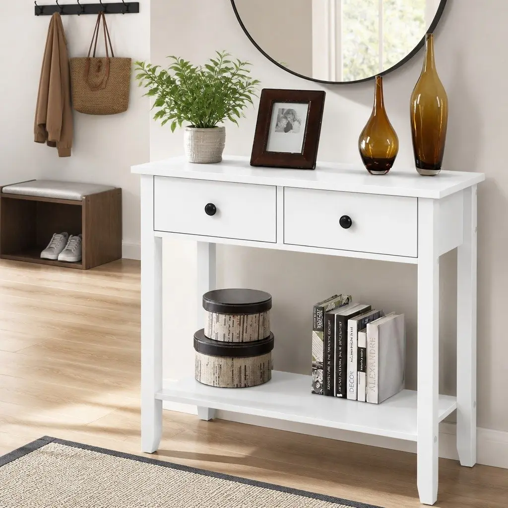 Console Table 80cm White Two Drawers Storage Display Furniture