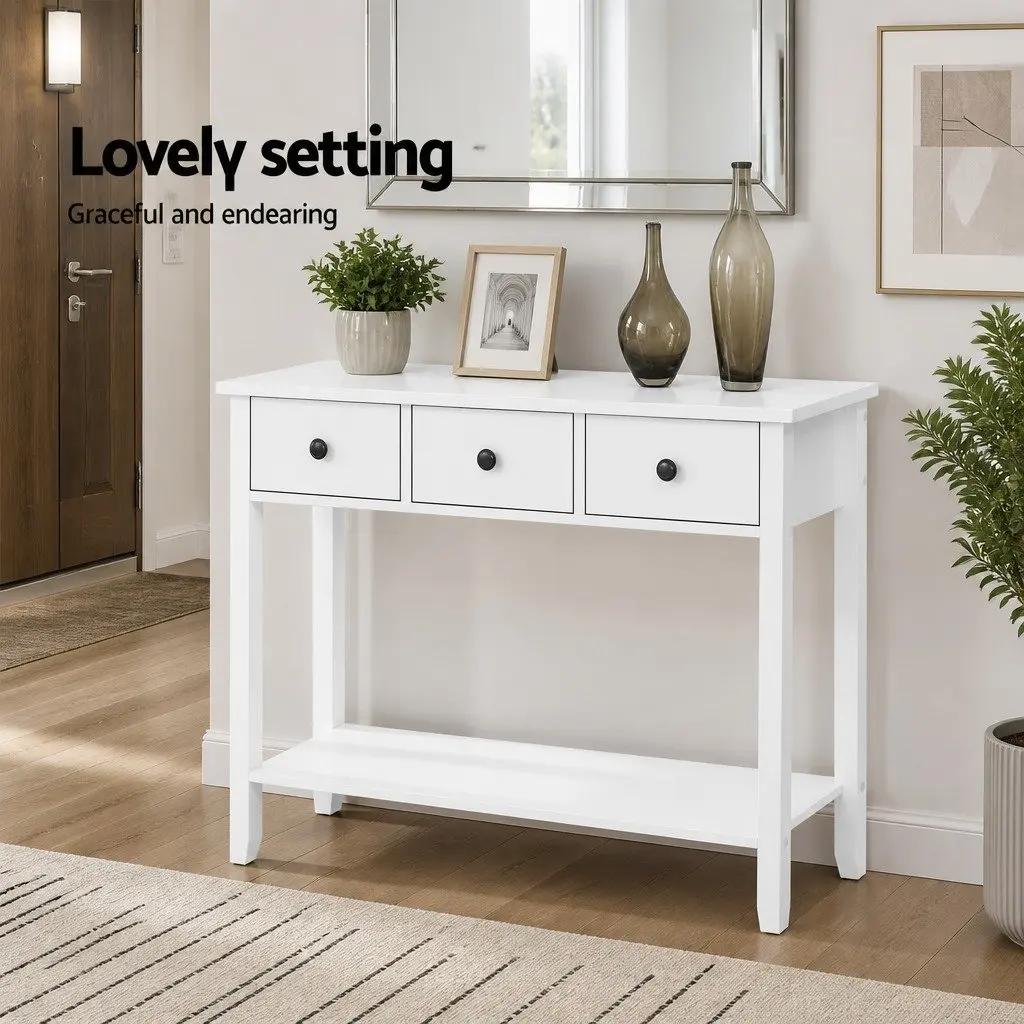 Console Table Three Drawers 100CM White Hallway Entryway Storage Furniture