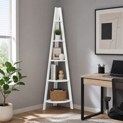 5-Tier Corner Ladder Shelf in White with Safety Features