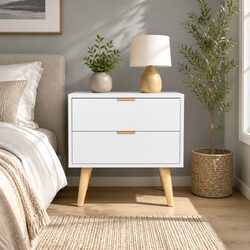 White 2-Drawer Bedside Table with Pine Wood Support