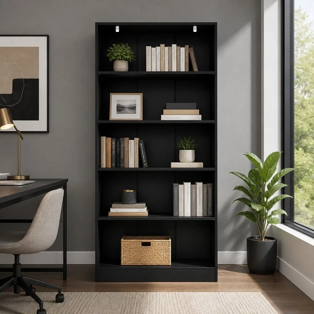 5-Tier Bookshelf Storage Cabinet Adjustable Shelves Black