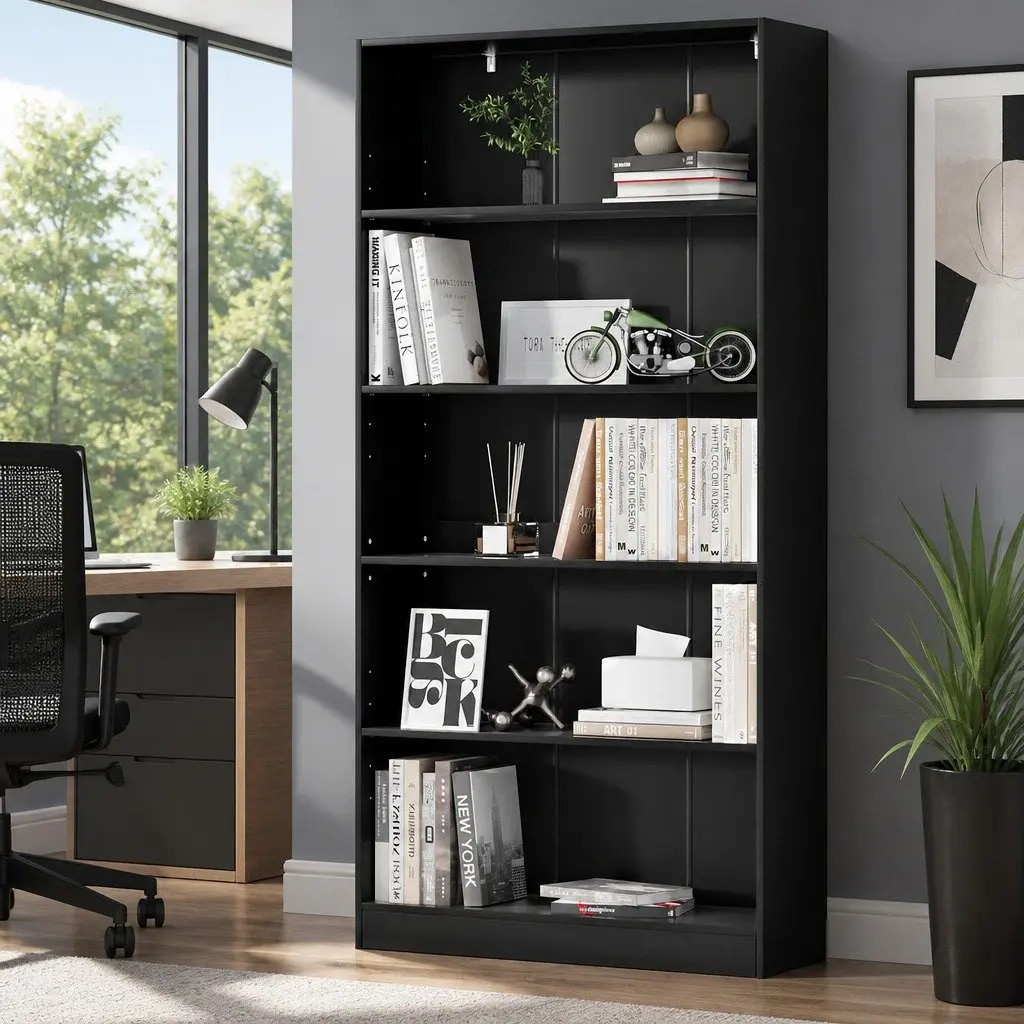 5-Tier Bookshelf Storage Cabinet Adjustable Shelves Black
