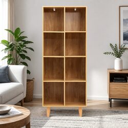 4 Tier Bookshelf with Rubber Wood Legs and Storage Design