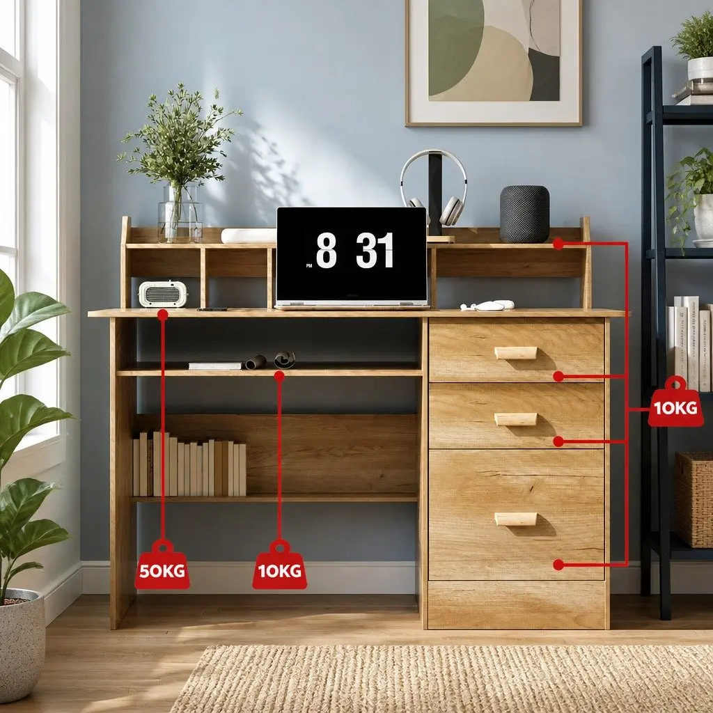 Computer Desk with Storage Shelves and Drawers Pine 115 x 60 x 95cm