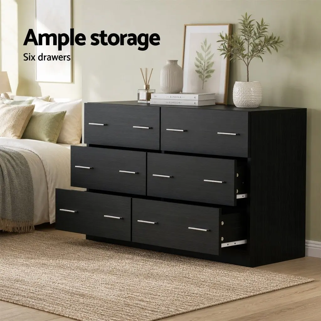 6 Drawer Chest Black Bedroom Storage Dresser Lowboy Furniture Organiser