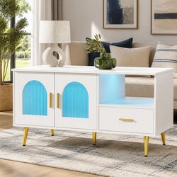 LED Coffee Table with Storage Drawer Shelf White Modern Living Room Furniture