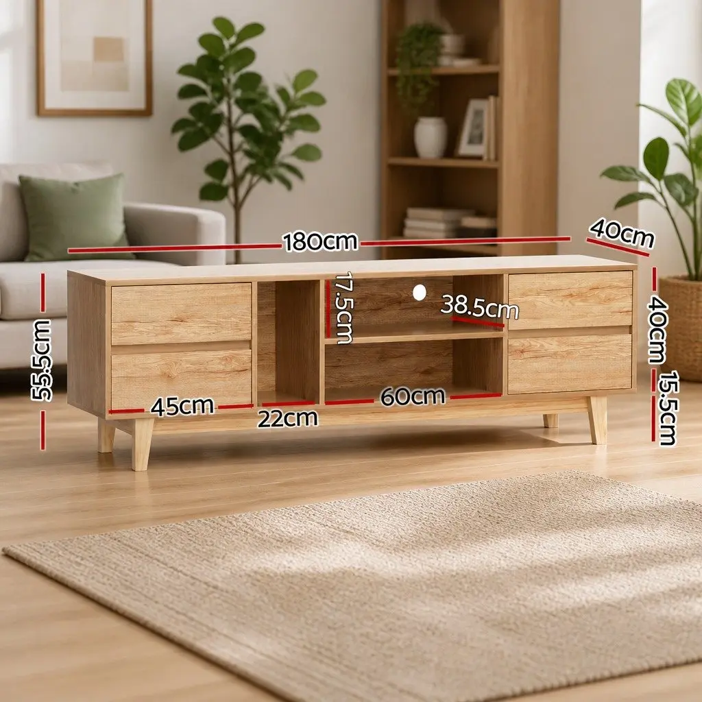 TV Unit Lowline Storage Drawers Open Shelves 180cm Natural Wood
