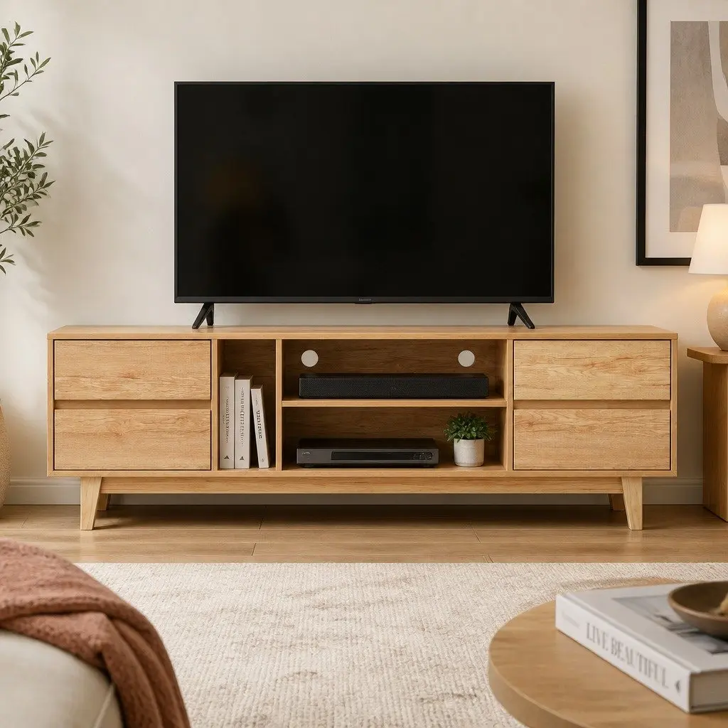 TV Unit Lowline Storage Drawers Open Shelves 180cm Natural Wood