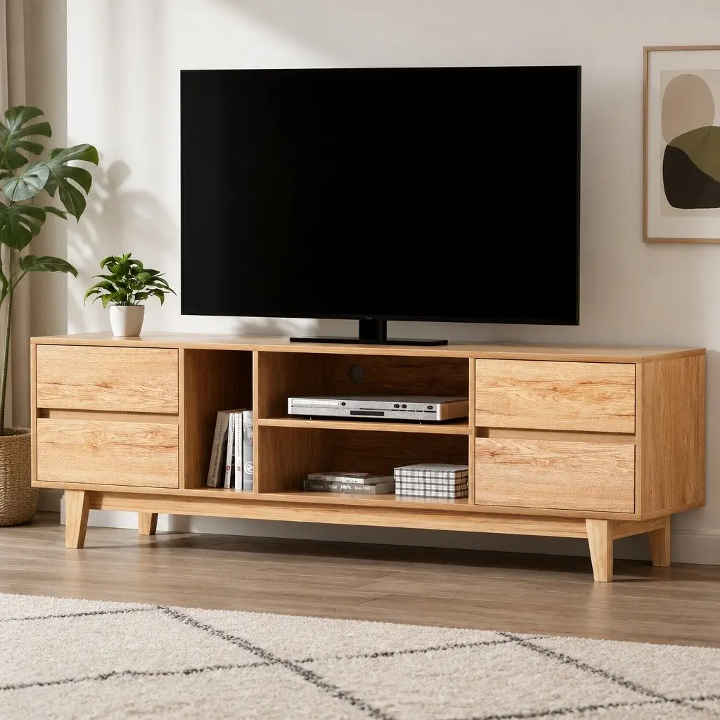 TV Unit Lowline Storage Drawers Open Shelves 180cm Natural Wood